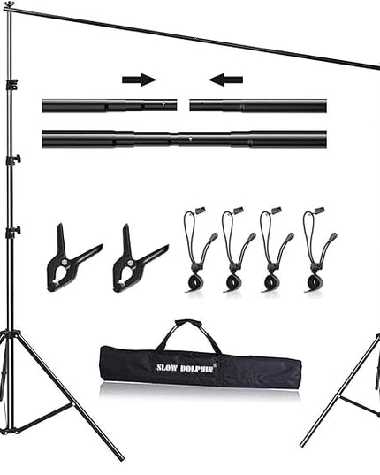 SLOW DOLPHIN 10x 8.5 ft Photo Backdrop Stand, Adjustable Photography Background Support System Stand for Photo Video Studio with Carrying Bag, Clips, Clamps