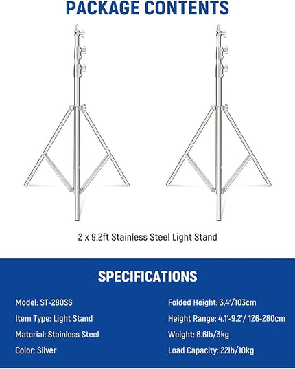 NEEWER 2Pcs 9.2ft Stainless Steel Light Stands, Spring Cushioned Heavy Duty Photography Tripod Stand with 1/4"-3/8" Adapter for Strobe Video Ring Light Monolight Softbox, 22lb Max Load, ST-280SS