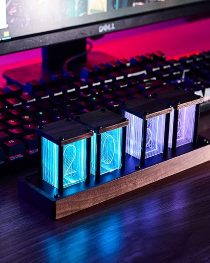 Adventurers Nixie Tube Clock , Digital Tube Desk Clock, Retro Modern Wooden Clock, LED Digital Clock, Full Color Custom RGB and 12/24h Display, The to Decorate The Room (4 Numbers)