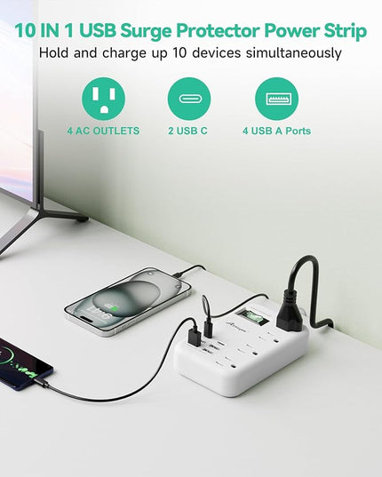 Alitayee 6 USB(2 USB C) Surge Protector Power Strip- Travel Power Strip with 24W USB Charging Station and 4 Extendable Outlet Extender, 6Ft Flat Extension Cord with Wall Mounted for Travel Home Dorm