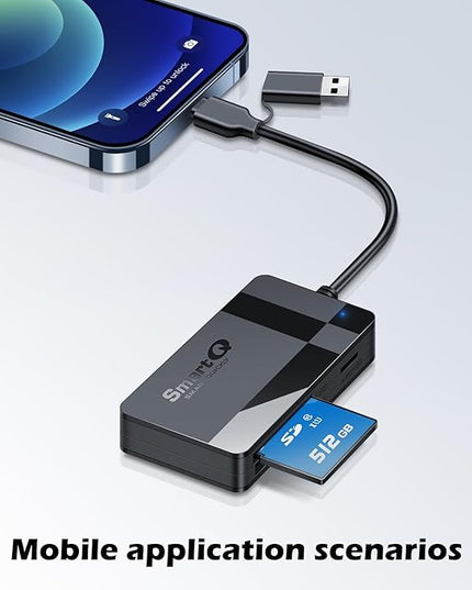 SD Card Reader, Memory Card Reader 4 in 1 USB C USB 3.0 Dual Connector Adapter Simultaneously Read SD MS CF TF Cards Supports Micro SD/Micro. Compatible with desktops, Tablets, and USB-C Smartphones