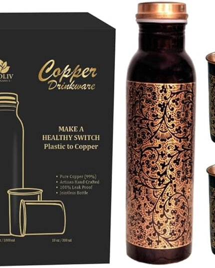 Floral Antique Copper Bottle and 2 Tumbler Set - 34oz Engraved Vessel with 10oz Cups - Indian Artisan Handcrafted - Premium Wellness Gift
