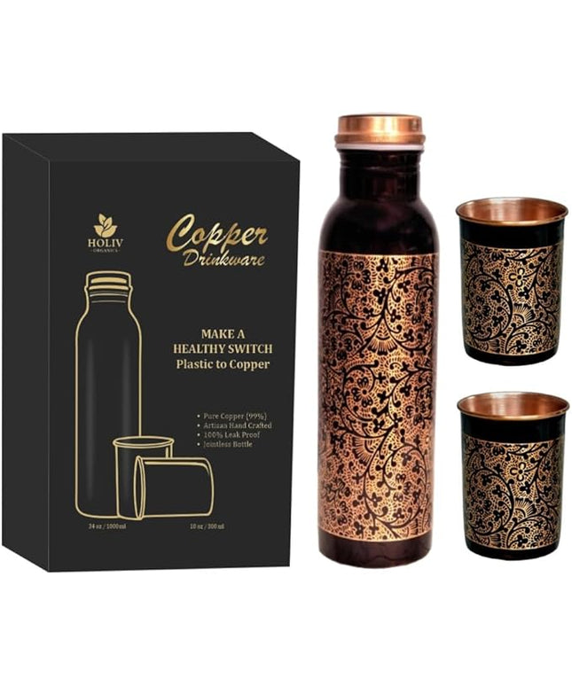 Floral Antique Copper Bottle and 2 Tumbler Set - 34oz Engraved Vessel with 10oz Cups - Indian Artisan Handcrafted - Premium Wellness Gift