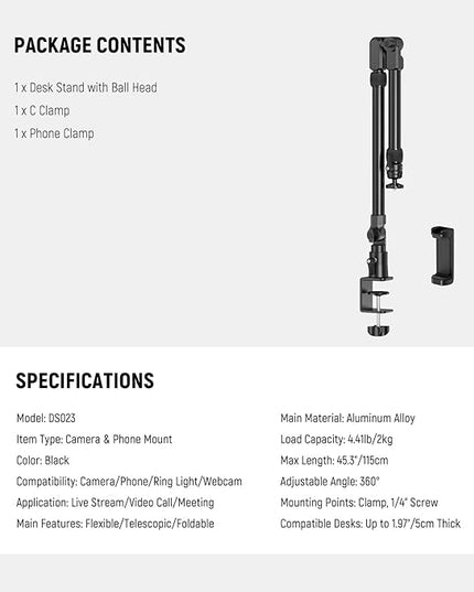 NEEWER 45.5" Overhead Camera Desk Stand, Aluminum 4 Section Magic Mic Boom Arm with C Clamp Mount Phone Holder, for Webcam LED Light Microphone Streaming Zoom Video Recording, Max Load 4.41lb, DS023