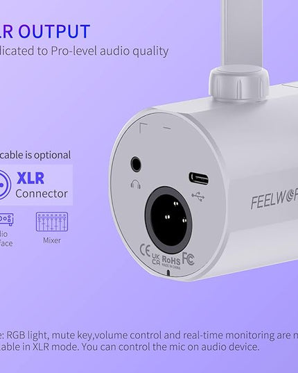 FEELWORLD PM1 XLR USB Dynamic Microphone Gifts for Podcast Recording PC Computer Gaming Live Streaming Vocal Voice-Over, Studio Metal Mic with RGB Light, Mute Button, Headphones Jack (White)