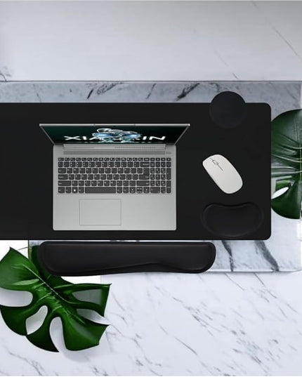 8-Piece Large Mouse Pad and Keyboard Support Set Memory Foam Keyboard Mouse Wrist Rest Combo & Cup Holders - Non-Slip PU Leather Desk Protector Mat for Office/Home/Gaming Setup (Black)