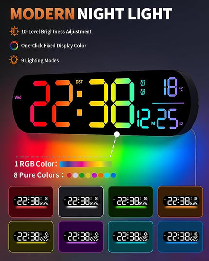 14" Large Digital Wall Mount Clock, Count Down Timer, Alarm, Big LED, 11 RGB Color, Temperature for Living Room Classroom Desk, Xmas, Birthday Gift for Senior Mom Dad (Oval)