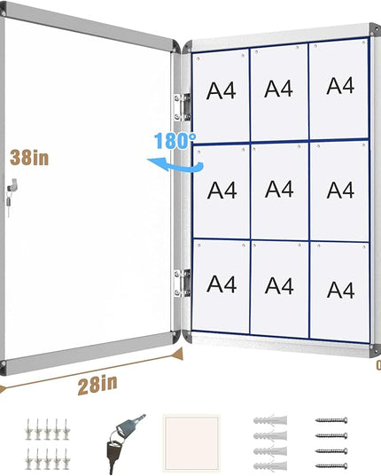 Mifuro 38"x28" Enclosed Bulletin Board, Lockable Weather-Resistant Aluminum Cork Noticeboard for School & Office, Silver Frame w/Blue Flet
