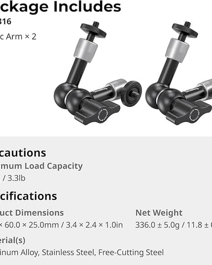 SMALLRIG 5.5-inch Magic Arm 2-Pack, Articulating Adjustable Friction Arm Mount with 1/4"-20 Thread Screw, for Camera Monitor/LED Light Setup, 5316