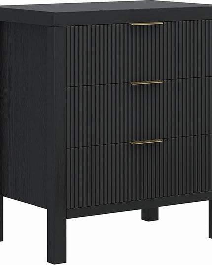 LSKTGA 3 Drawer Dresser, Chest of Drawers Organizer with Waveform Panel, Large Fluted Dresser with Wide Drawers and Golden Handles, Wood Storage for Bedroom, Hallway, Entryway, Black