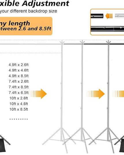 Backdrop Stand, Photo Video Studio 8.5 x10ft Adjustable Background Support System Kit with 2 Sandbag, 6 Backdrop Spring Clamp and Carry Bag for Photoshoot, Parties, Baby Shower, Birthday, Wedding