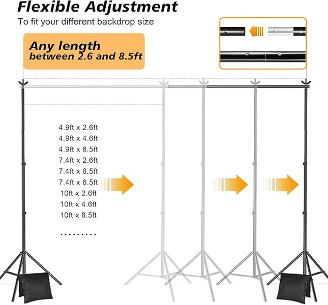 Backdrop Stand, Photo Video Studio 8.5 x10ft Adjustable Background Support System Kit with 2 Sandbag, 6 Backdrop Spring Clamp and Carry Bag for Photoshoot, Parties, Baby Shower, Birthday, Wedding