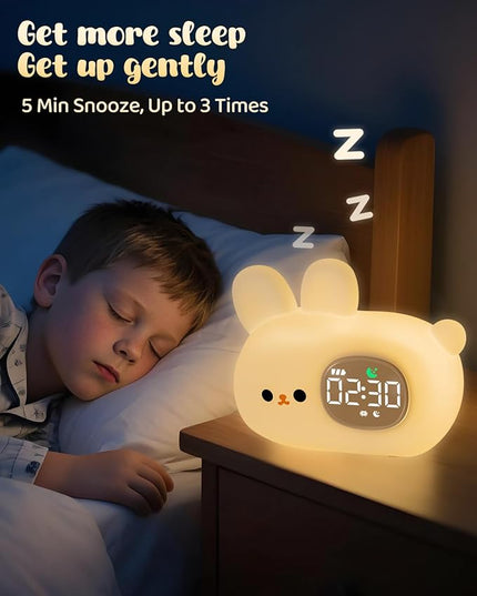 Bunny Alarm Clock for Kids with Night Light, Sleep Training Clock Time to Wake Clock, Rechargeable Silicone Light for Bedroom, Perfect Sleep Companion for Boys Girls