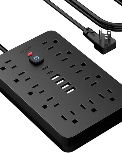 15 FT Flat Plug Surge Protector Power Strip,11 Multiple AC Outlets with 6 USB Ports (2 USB C), 15 Feet Extension Cord, 1250W/10A, One Touch Switch Button, 17 in 1 Compact powerstrip