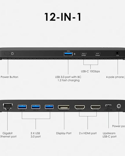 Minthouz 12 IN 1 Docking Station with 100W Charging, Triple Display, 1000Mbps LAN Port, Laptop Docking Station Monitor Single 8K or Triple 4K, 4X USB-A, 2X USB-C, Ethernet Port, for Windows Mac Chrome