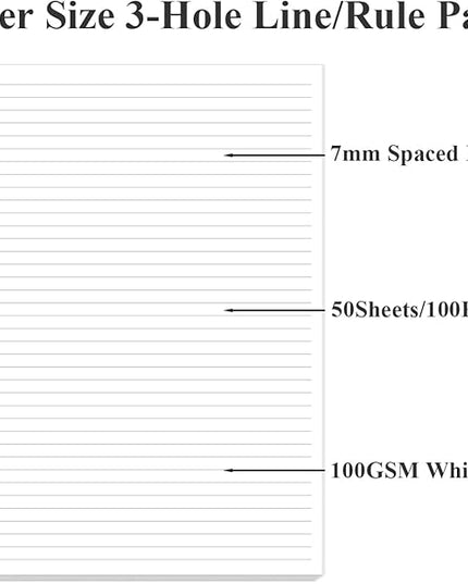 3 Hole Lined Paper for A4 Binder - 50 Sheets/100 Pages Loose Leaf Paper Line Refills, 5 Sheets Dividers, 8.5" x 11"