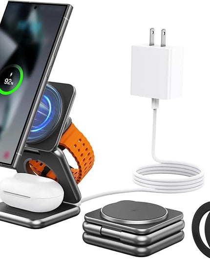KU XIU Wireless Charger for Samsung,Aluminum Alloy Foldable 3 in 1 Wireless Charging Station for Samsung Galaxy S25 Ultra S24 S23 Note Z Fold 7 Flip/Buds,Fast Charger for Galaxy Watch Ultra 7 6 5 4