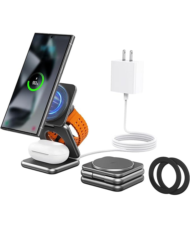 KU XIU Wireless Charger for Samsung,Aluminum Alloy Foldable 3 in 1 Wireless Charging Station for Samsung Galaxy S25 Ultra S24 S23 Note Z Fold 7 Flip/Buds,Fast Charger for Galaxy Watch Ultra 7 6 5 4
