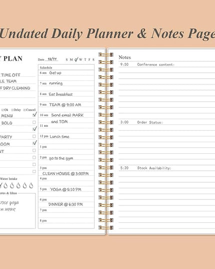 Daily Planner Undated - A5 To Do List Notebook Hourly Schedules, Spiral Appointment Planner for Women and Men, PVC Hardcover, Inner Pocket, Elastic Closure, 5.8" x 8.3", Rose Leaf