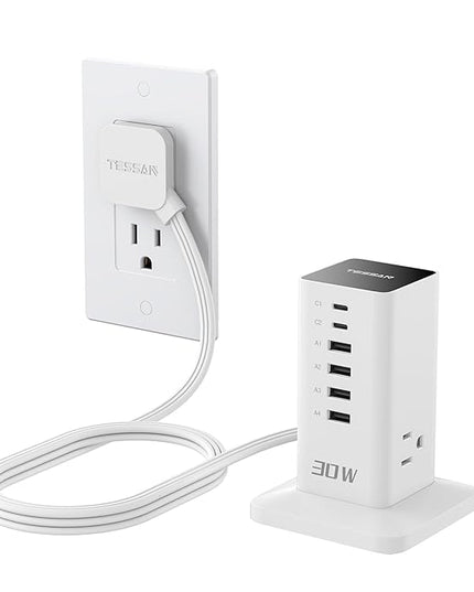 Charging Station 30W, TESSAN 9-in-1 Charger Blocks for iPhone 17/16/15/14, Tablets, Earphone with Surge Protector, 5ft Flat Extension Cord with 4 USB A, and 2 USB C for Home, Office, Drom, White