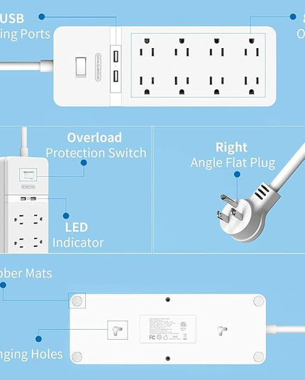 Flat Plug Extension Cord 15Ft - NTONPOWER 8 Outlets Surge Protector Power Strip with 2 USB, Overload Protection, 1080 Joules, ETL Listed, 15A/1850W, Wall Mountable for Home Office and Workbench, White