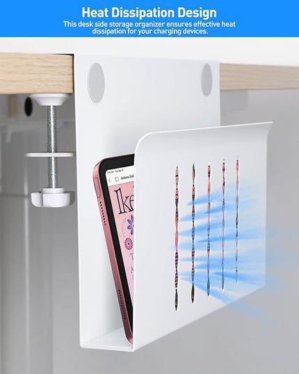 MAXECHO Desk Side Storage, Under Desk Laptop Mount, Table Side Hanging File Organizer, No Drill Clamp On Cable Management Tray, Laptop Holder with Magnetic Pen Holder for Office and Home, Load 22 Lbs