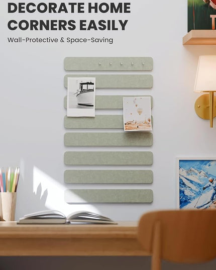 Fluxynara Cork Board Alternative Felt Strip Board 8-Pack 13"x2", Office Pin Board with 50 Push Pins, Adhesive Install for Bedroom Door & Home Office(Sage)