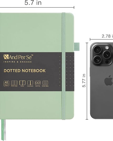 &And Per Se Dotted Journal Notebook, A5 Hardcover Leather Bullet Dotted Journal, 160 Pages 100 gsm Thick Paper, 3 Sheets of Stickers Included- 5.7'' x 8''（Light Green）