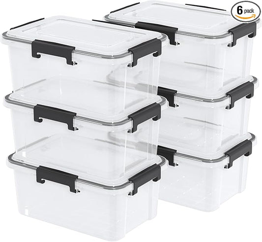 12 Quart Clear Plastic Storage Box with Gasket Seal Lid, Set of 6 Stackable Plastic Storage Bins with Secure Latching Buckles