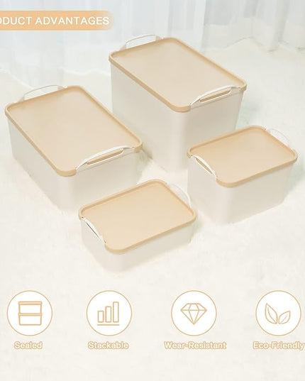 ANMINY 5PCS Plastic Storage Bins Containers with Lids, Large White Storage Organization Bins Boxes, Lidded Plastic Storage Baskets for Closet Shelves Drawers Desktop - 2 Medium 3 Small, Wheat Lids