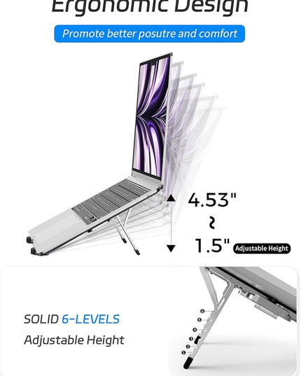 ZenRich Foldable Laptop Stand – Ergonomic Aluminum Riser with 6 Adjustable Heights, Compatible with MacBook, Dell, Asus, HP, Lenovo, Samsung, Razer, MSI (Up to 15.6''), Silver/Black