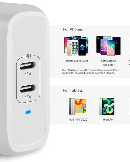 Amazon Basics 36W Dual Port USB-C Wall Charger with Power Delivery, Foldable Plug, for Tablets and Phones, Apple Watch, White, 2.34 x 1.09 x 2.21 in (PD36U-2TNB)