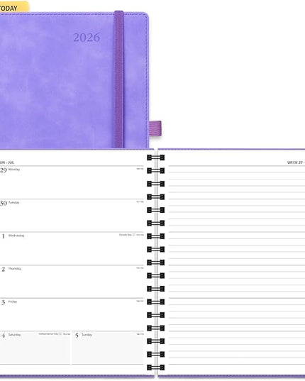 POPRUN 2026 Planner Weekly Notebook (Jan-Dec), Medium 8.5''x 6.5'' - Agenda 2026 Calendar Book with Monthly Tabs, Inner Pocket, Spiral Soft Cover, 100 GSM - Lilac