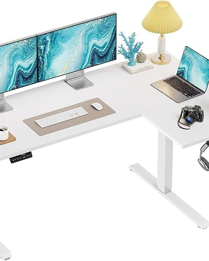 HUANUO 63x40 inch Dual Motor L Shaped Electric Standing Desk with 3 Preset Heights, Electric Height Adjustable Computer Table, 2 Hooks & Cable Tray, Raising Desk for Home Office, White