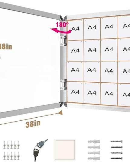 Mifuro 38"x38" Enclosed Bulletin Board, Lockable Weather-Resistant Aluminum Cork Noticeboard for School & Office, Silver Frame w/Cork