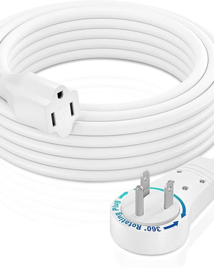 Maximm Cable 15 Feet 14Awg 360° Rotating Flat Plug Extension Cord/Wire, 3 Prong Grounded Wire, Heavy Duty Extension Cord - UL Certified - White