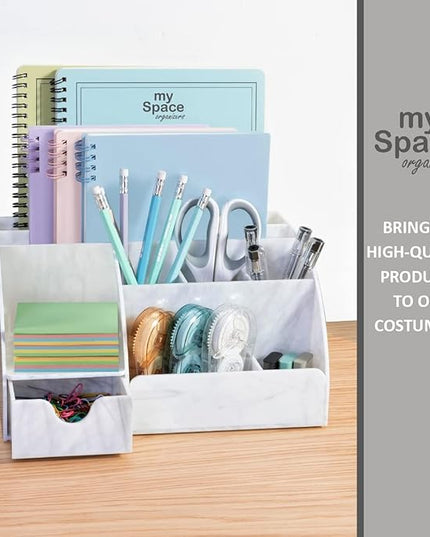 My Space Organizers Marble Desk Organizer For Office Supplies And Accessories - 9 Sections - Pencil Pen Holder Storage - Desktop Organization Decor Essentials (White Grey Marble)