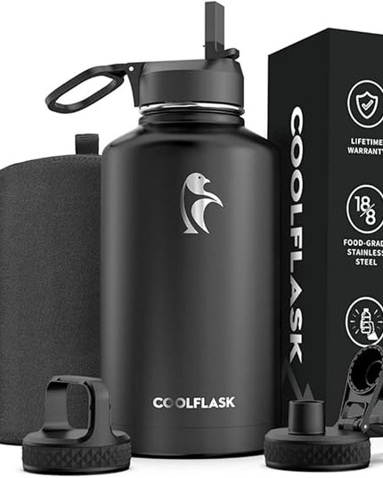 64 oz Water Bottle Insulated with Straw & 3 Lids, Coolflask Large Metal Stainless Steel Water Jug Big Half Gallon Wide Mouth for Sports, Gym or Office, Non-BPA Keep Cold 48H Hot 24H, Magic Black