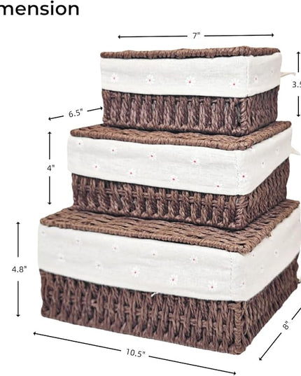 GIB Wicker Woven Storage Baskets with Lids Set of 3 Size, Decorative Paper Rope Small Nesting Baskets Removable Liner Container Bins for Shelves Pantry Table Keys Gifts Makeup Organizer, Brown