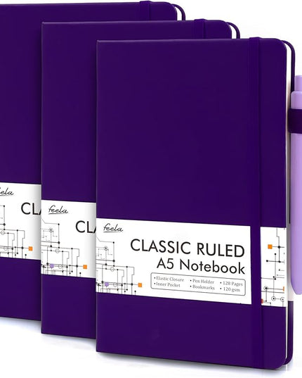 feela 3 Pack Notebooks Journals Bulk, Hardcover Notebook Classic Ruled Lined Journal Set with Pen Holder for Work Business Journaling Note Taking, with 3 Black Pens, 120 GSM, 5.1”x8.3”, A5, Purple