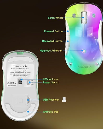memzuoix 2.4G LED Wireless Mouse, Rechargeable Ergonomic Mouse with Detachable Cover, 1400 DPI Portable Optical Computer Mouse with USB Receiver for Laptop, PC, Desktop and MacBook, 5 Buttons