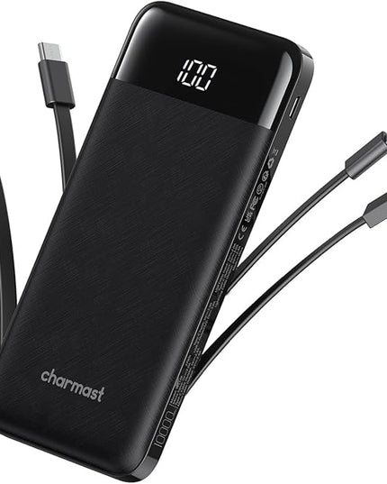 charmast Portable Charger with Built in Cables, Power Bank with Cords Wires, Slim 10000mAh Travel Battery Pack 6 Outputs 3 Inputs 3A Fast Charging for Samsung Google Pixel LG Moto iPhone iPad