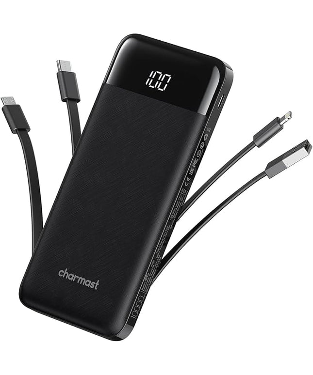 charmast Portable Charger with Built in Cables, Power Bank with Cords Wires, Slim 10000mAh Travel Battery Pack 6 Outputs 3 Inputs 3A Fast Charging for Samsung Google Pixel LG Moto iPhone iPad
