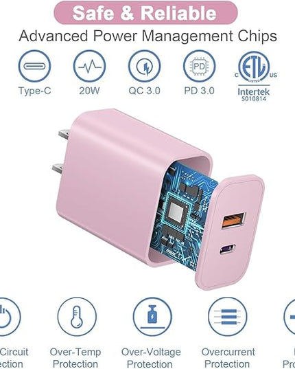 10FT iPhone 17/16e Fast Charger,2Pack 20W Dual Port USB A+C QC Apple Adapter with 10 Foot USB C to C Fast Charging Cable Cord for iPhone 17Air/17Pro/17Pro Max/16/16Pro/15/15Pro/Pro Max/Plus(Blue/Pink)