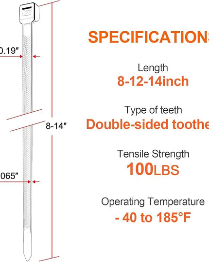 Zip Ties Assorted Size,8+12+14 Inch V-Shaped Toothed Double Sided Toothed,100 LBS Tensile Strength Heavy Duty Cable Wire Ties More Durable Nylon Tie Wraps for Indoor Outdoor（1000 Pack）
