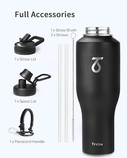 Trebo 40 oz Insulated Water Bottle that Fits in Car Cup Holder,Triple Wall Stainless Steel Water Bottles Insulated,LeakProof,Keep 48 hrs Cold & 24 hrs Hot,Metal Tumbler with Paracord Handle,Straw