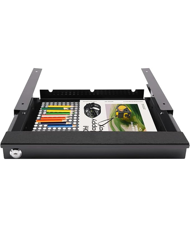 18.9" Under Desk Storage Drawer with Holes, Locking Design Black Sliding Pull-Out Drawer for Sit Stand Workstation