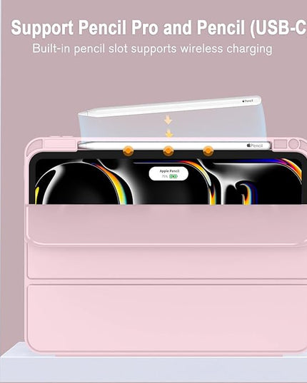 ZryXal iPad Pro 11 Inch Case (M5) 2025/ (M4) 2024 (Model: A2836/A2837/A3006), Trifold Stand Smart Cover with Pencil Holder and Soft TPU Back, Auto Wake/Sleep (Pink)
