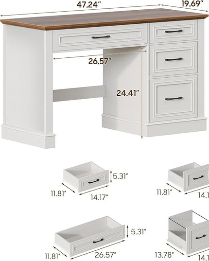 Vabches Farmhouse 47" Executive Desk with File Drawer, Computer Desk with 4 Drawers, Workstation for Study, Home Office, Writing, Unique White.