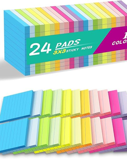 (24 Pack) Lined Sticky Notes 3x3 in,Notepads with Lines,Ruled Stickies Super Sticking Power,Office School Memo Note Pads Bright Colors,Post on Windows Doors,Recyclable,Easy to Write on